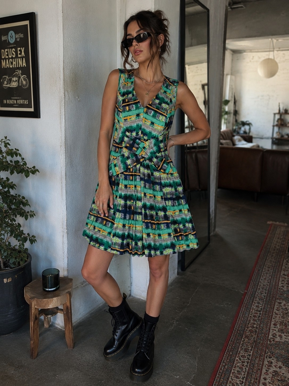 Plenty by Tracy Reese Green Multicolor V-Neck Fit & Flare Dress